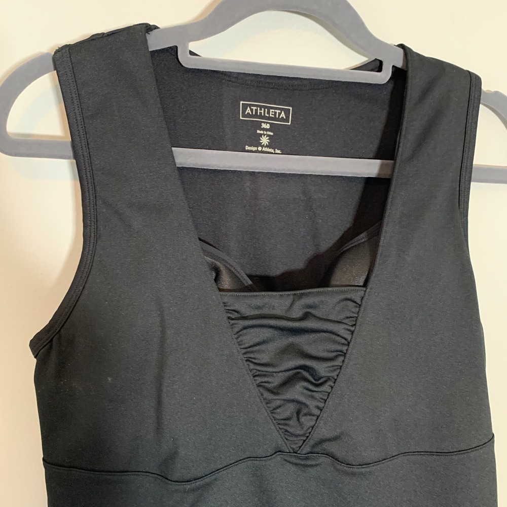 Athleta Black Ruched V Neck Tank Top Built In Bra Activewear Women's Tankini 36D - Picture 2 of 12